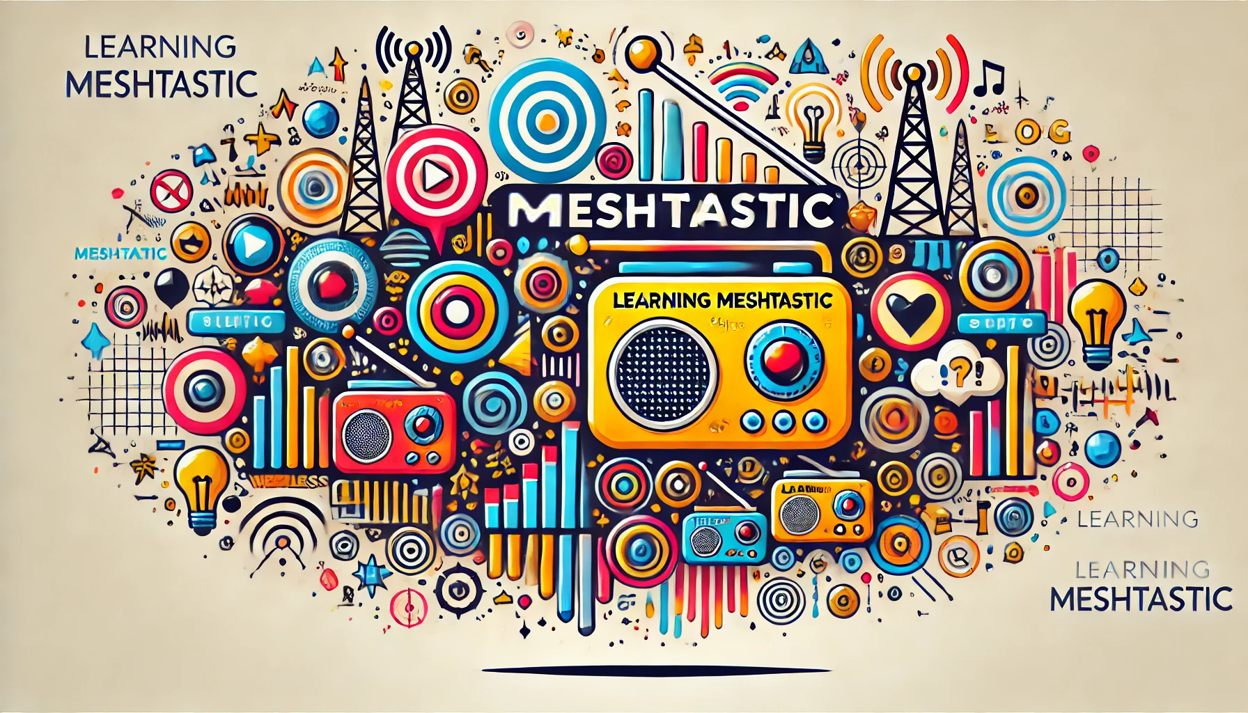 Colorful banner about learning more about Meshtastic featuring many small cartoon radios, antennas and towers