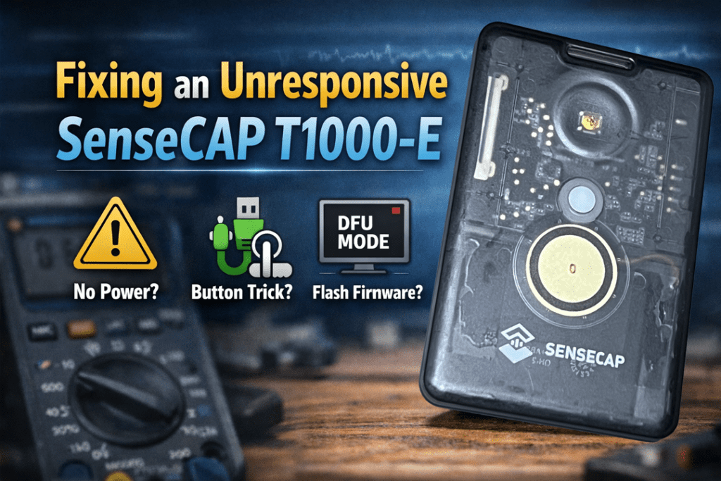 thumbnail image for how to wake an unresponsive SenseCAP T1000-E Tracker card for meshtastic, featuring a card, multimeter and the title